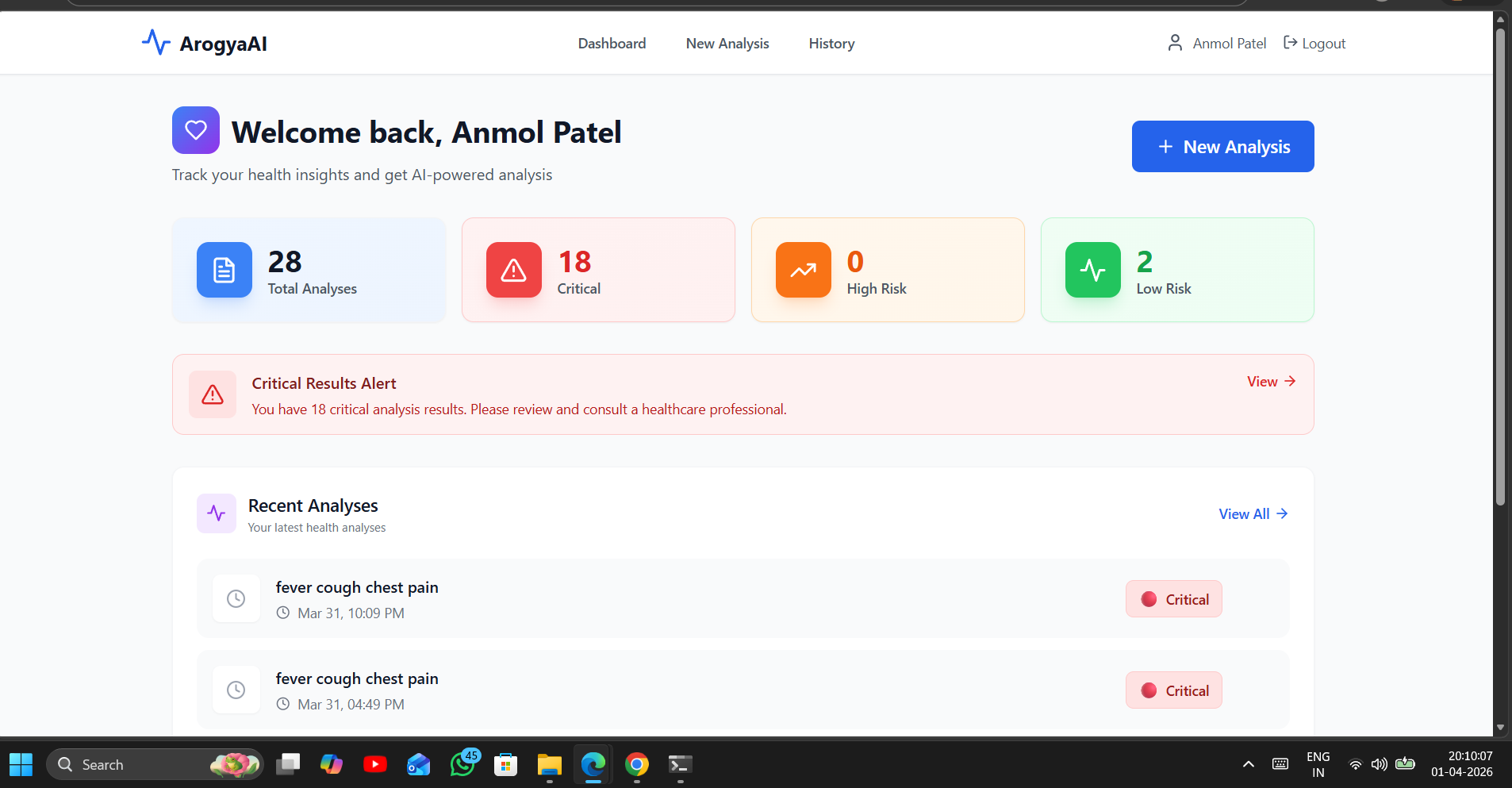 ArogyaAI health analysis dashboard and report history